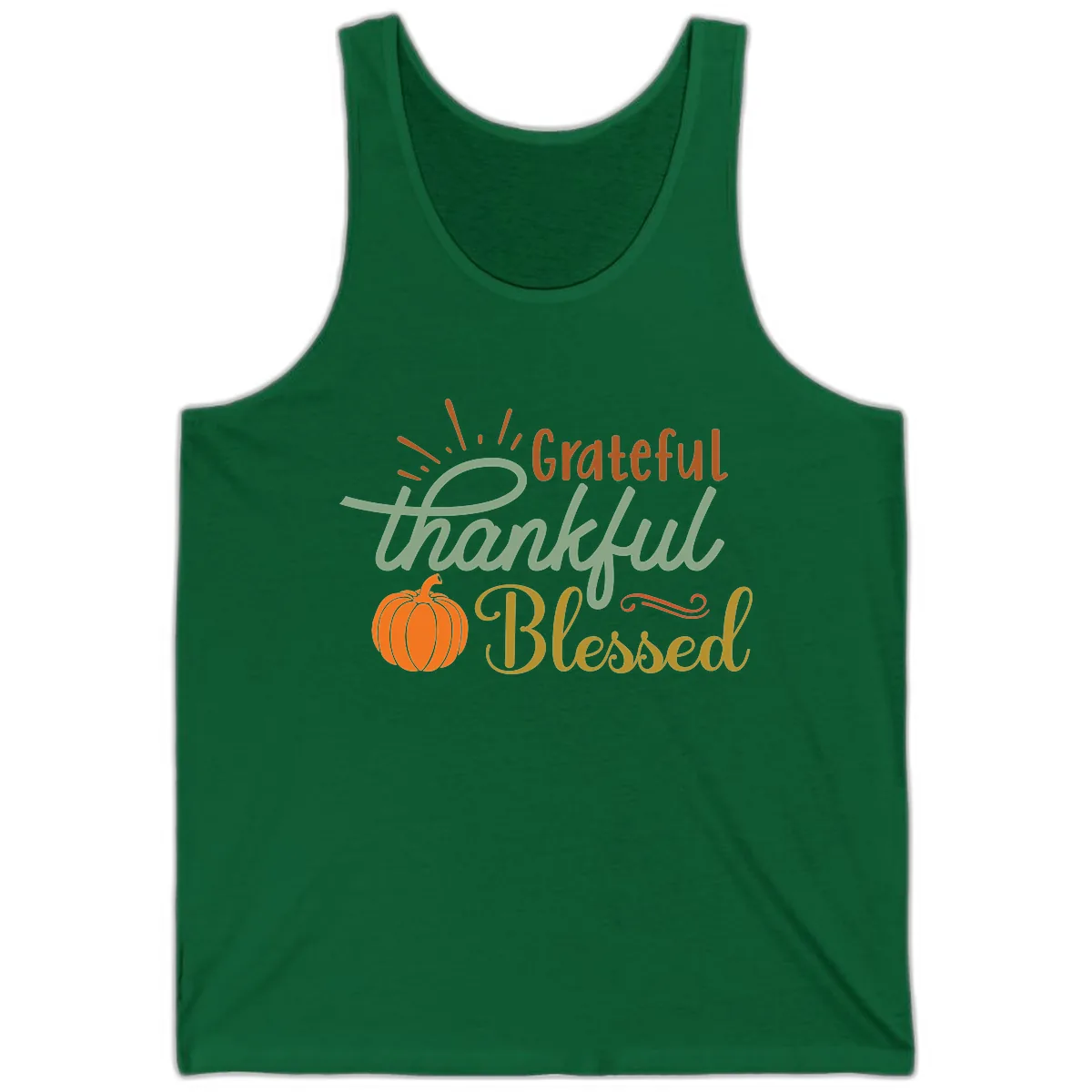 Grateful Thankful Blessed Pumpkin Design Tank in Kelly
