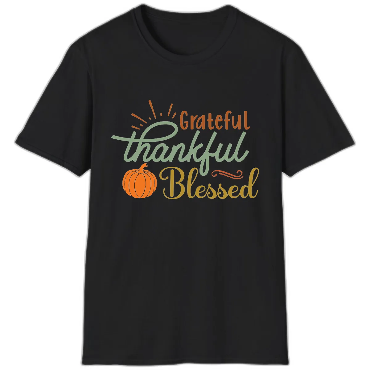 Grateful Thankful Blessed Pumpkin Design T-Shirt in Black