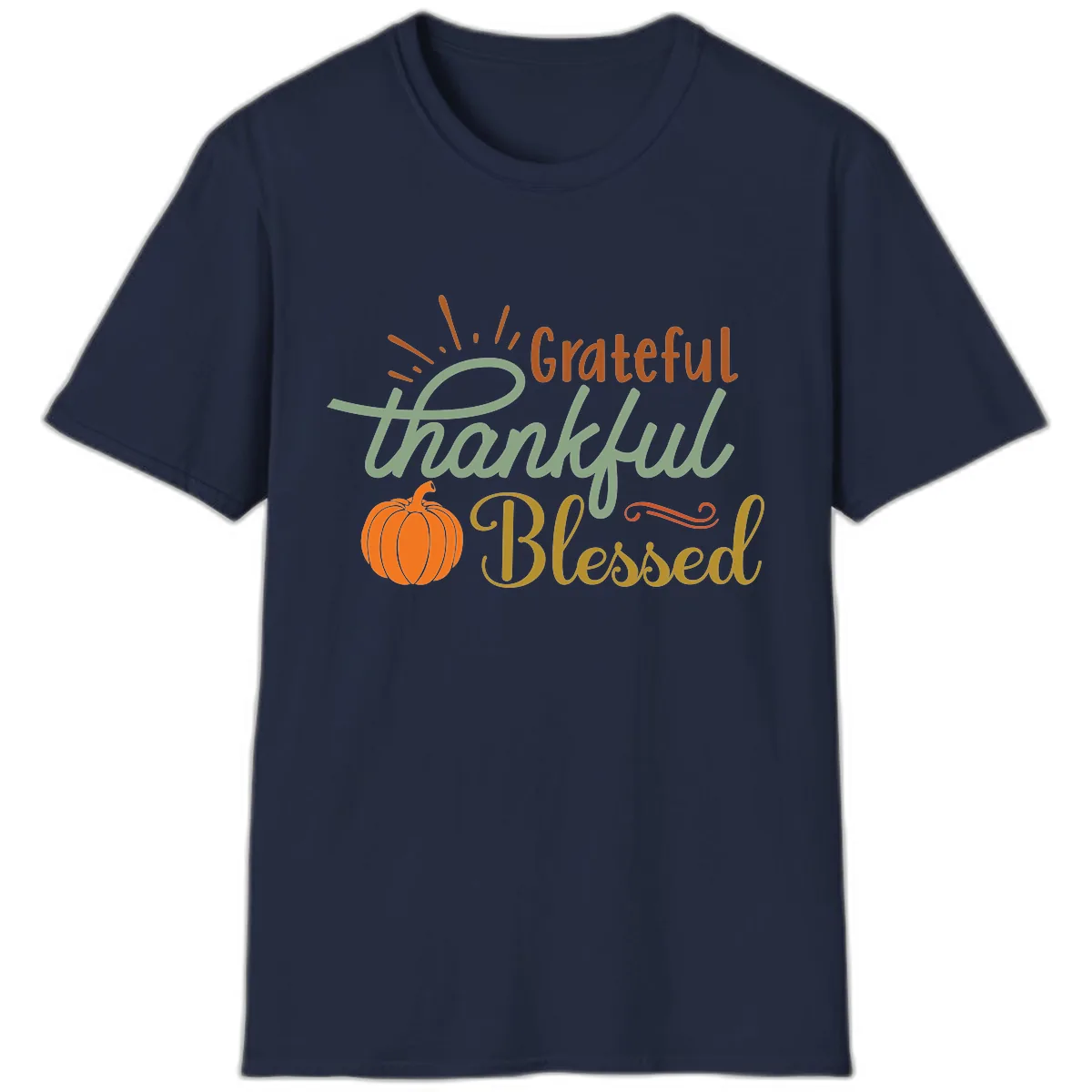 Grateful Thankful Blessed Pumpkin Design T-Shirt in Navy