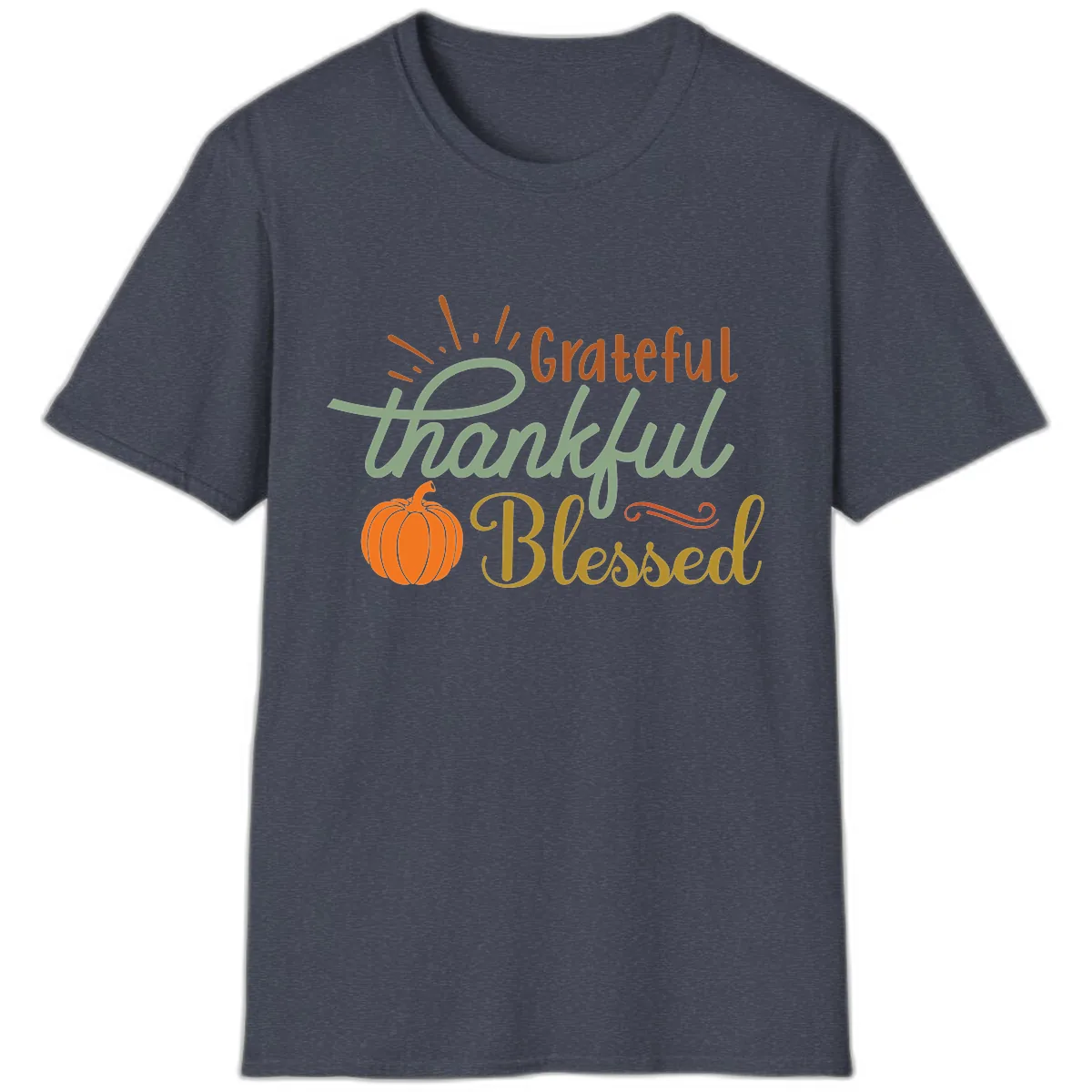 Grateful Thankful Blessed Pumpkin Design T-Shirt in Heather Navy
