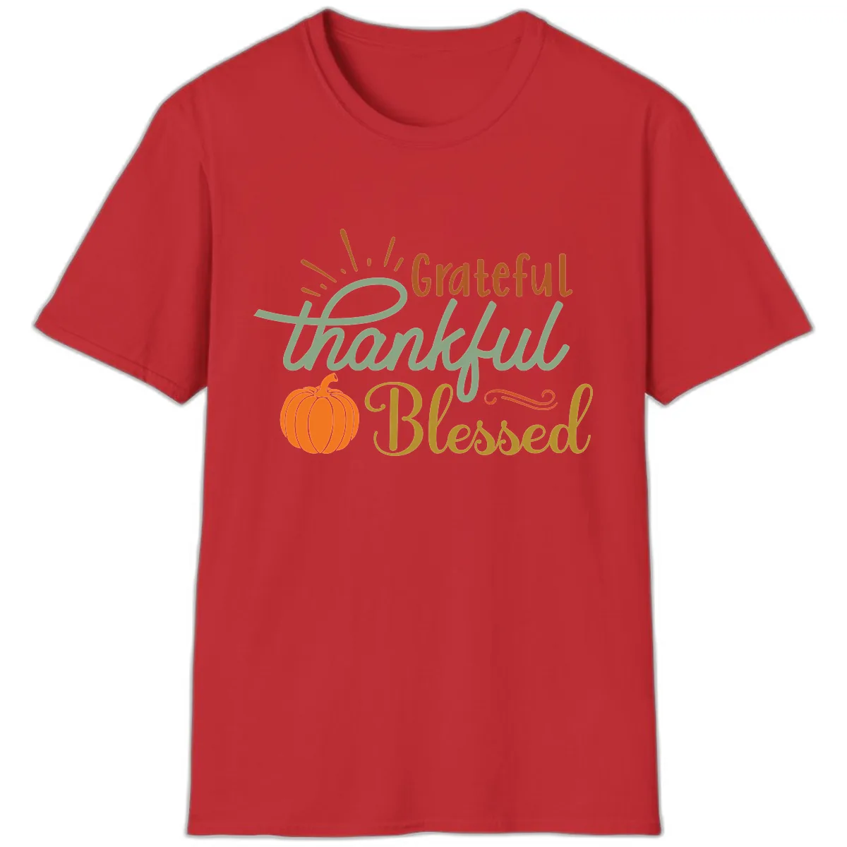 Grateful Thankful Blessed Pumpkin Design T-Shirt in Red