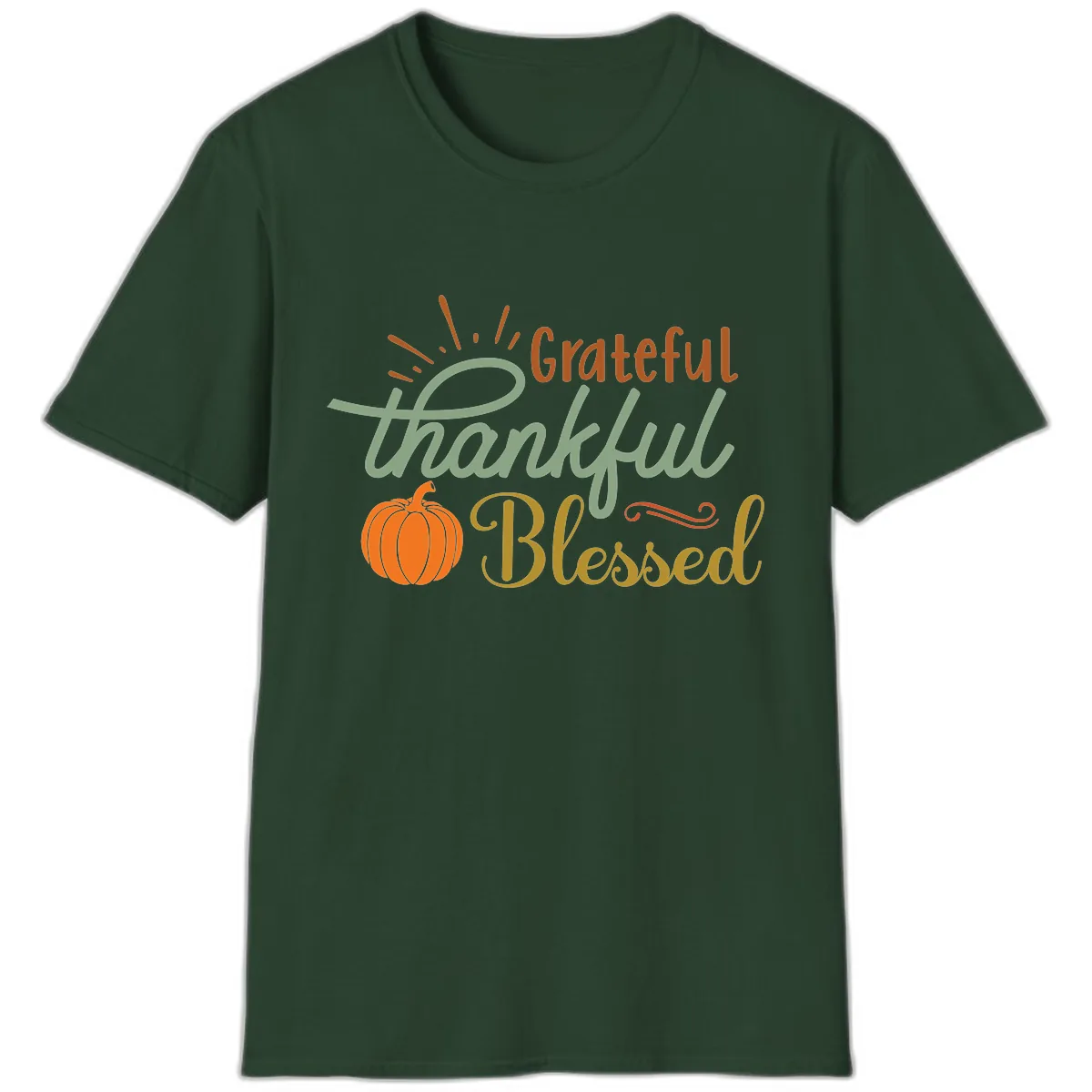 Grateful Thankful Blessed Pumpkin Design T-Shirt in Forest Green