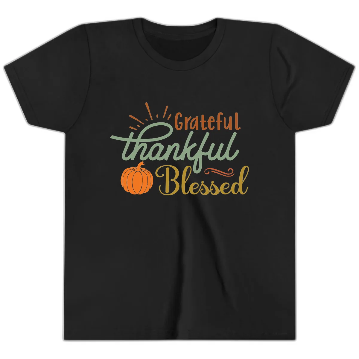 Grateful Thankful Blessed Pumpkin Design Youth T-Shirt in Black
