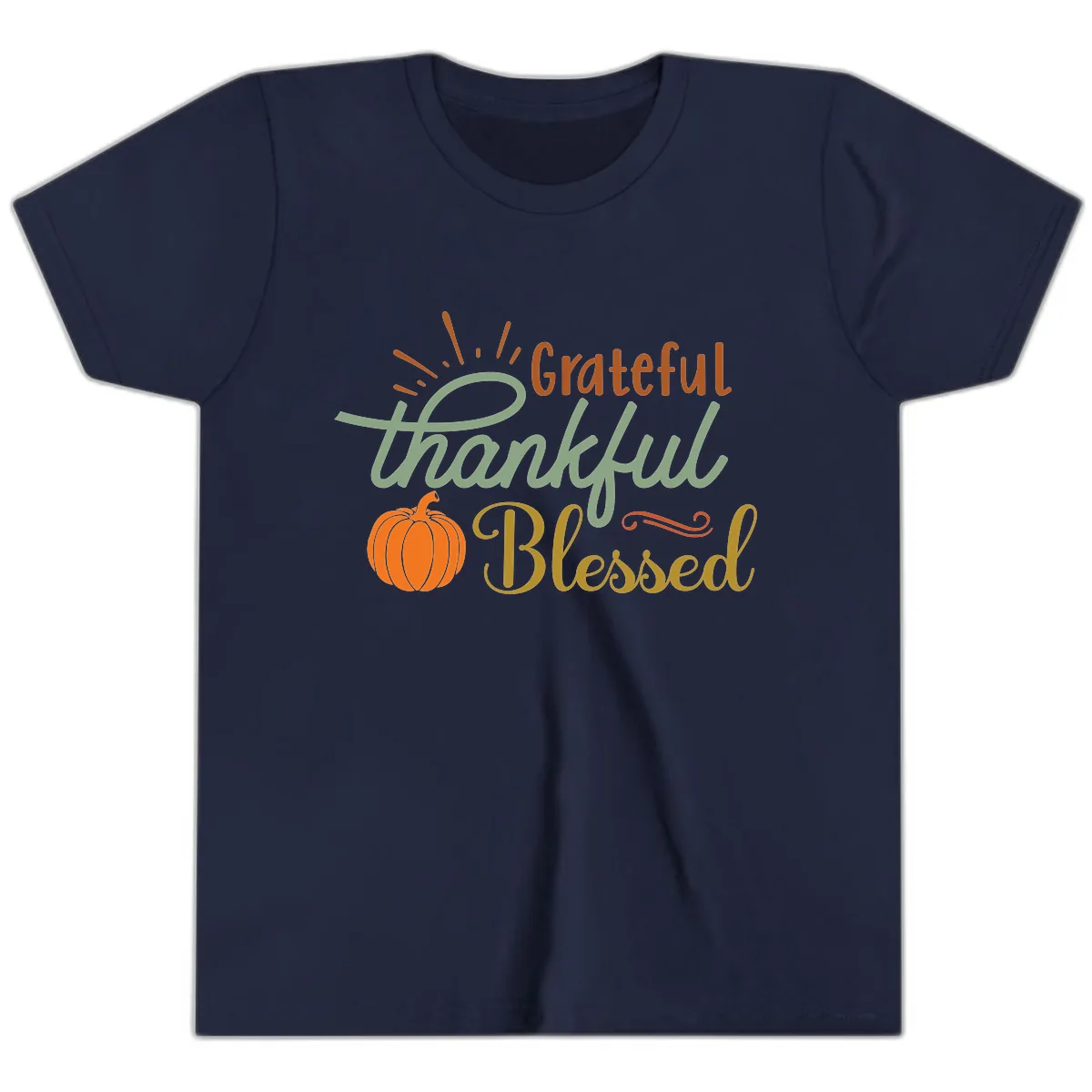 Grateful Thankful Blessed Pumpkin Design Youth T-Shirt in Navy