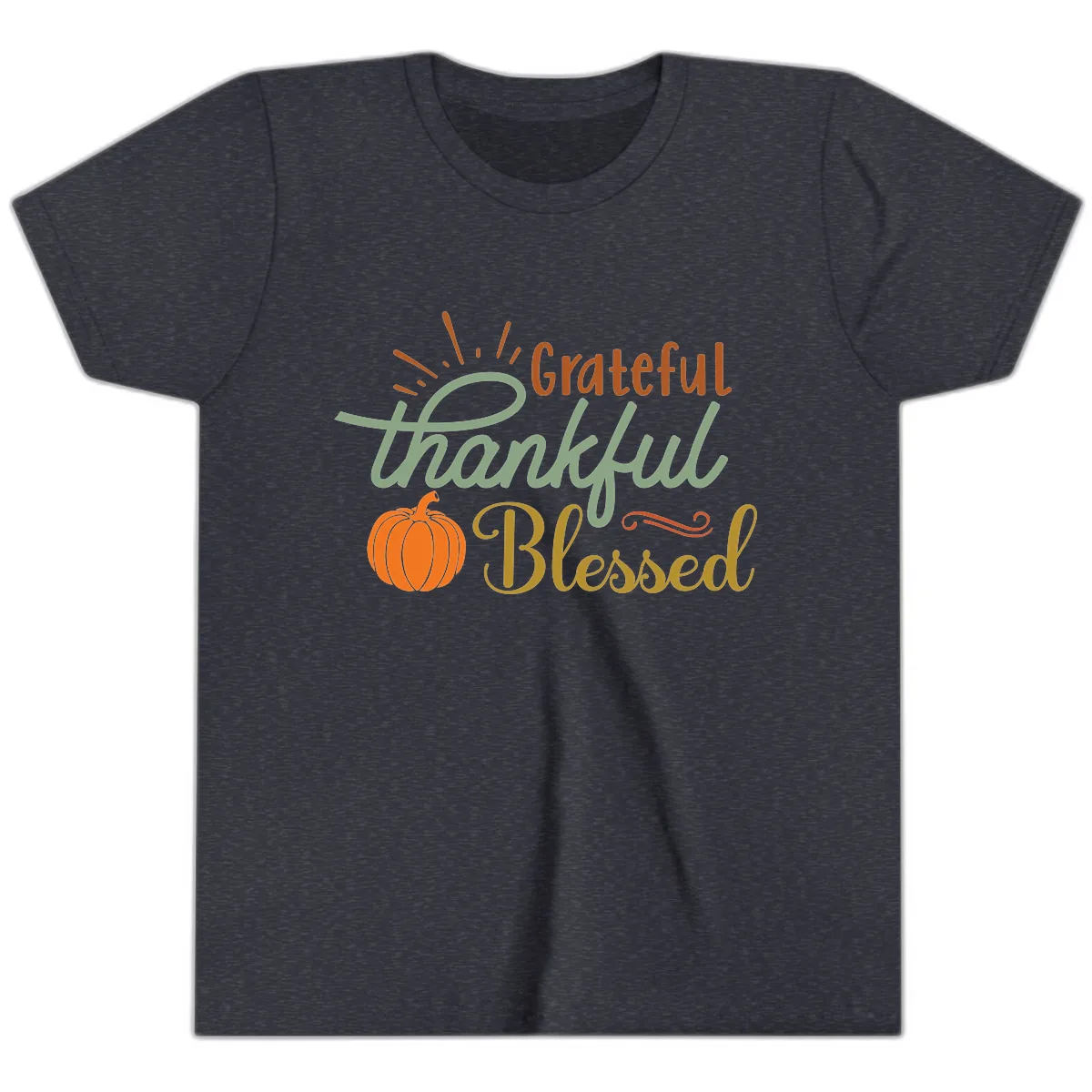 Grateful Thankful Blessed Pumpkin Design Youth T-Shirt in Heather Navy