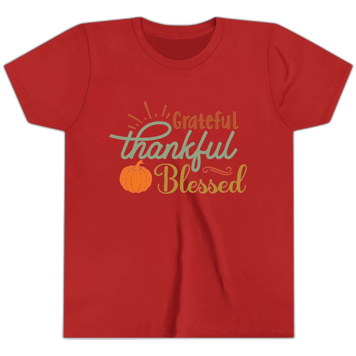 Grateful Thankful Blessed Pumpkin Design Youth T-Shirt in Red