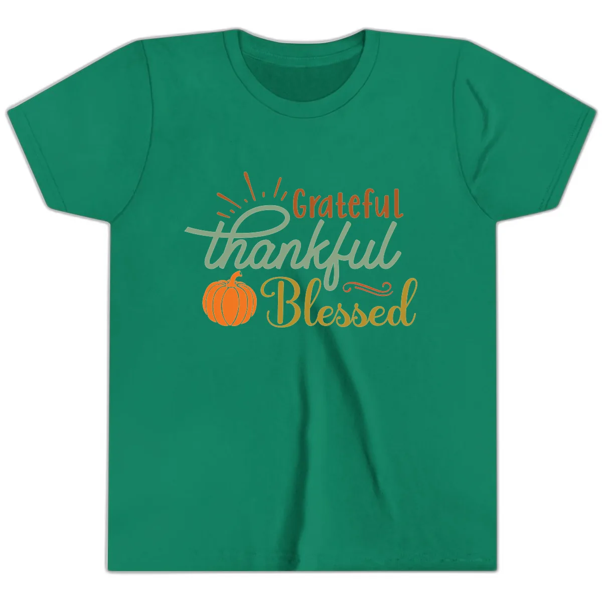 Grateful Thankful Blessed Pumpkin Design Youth T-Shirt in Kelly