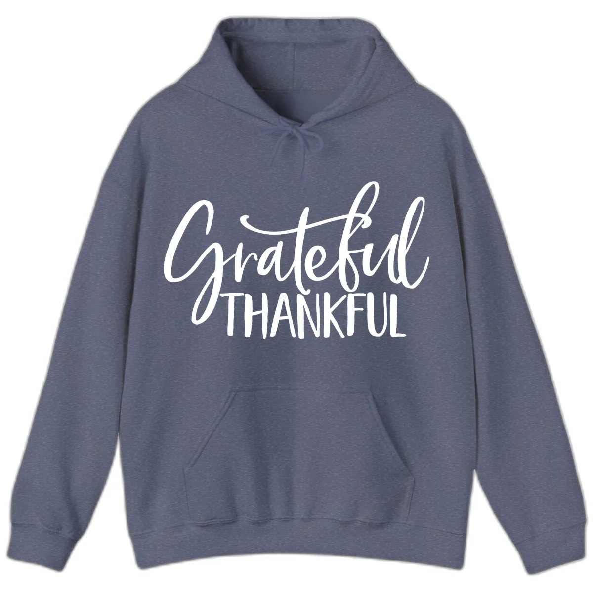 Grateful Thankful Script Typography Hoodie in Heather Navy
