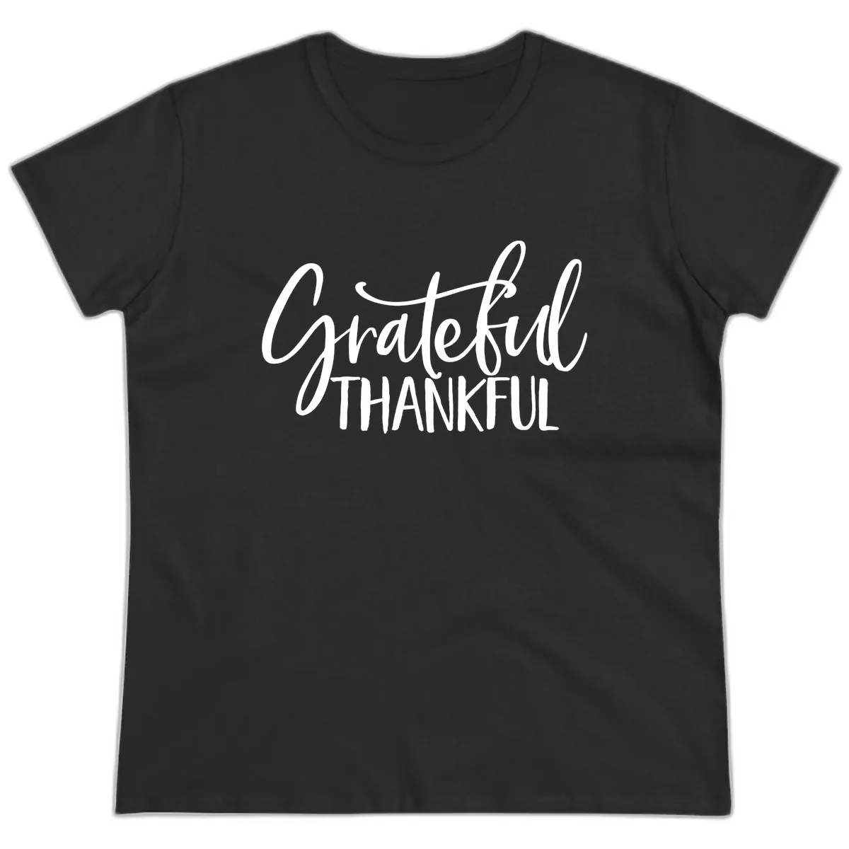 Grateful Thankful Script Typography Ladies Tee in Black