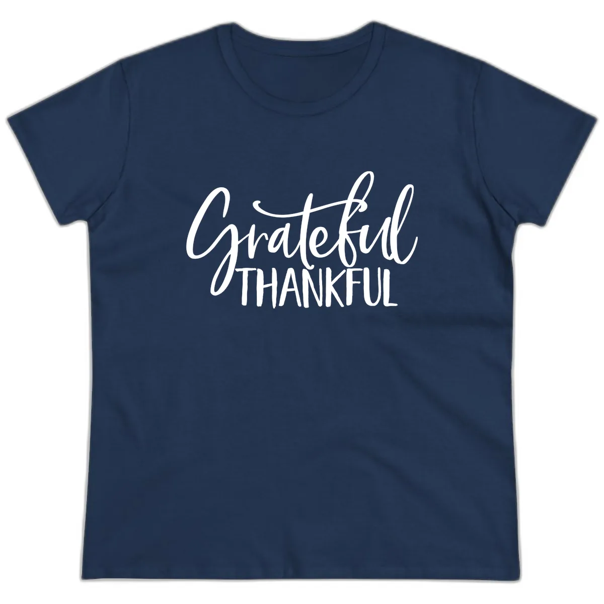 Grateful Thankful Script Typography Ladies Tee in Navy