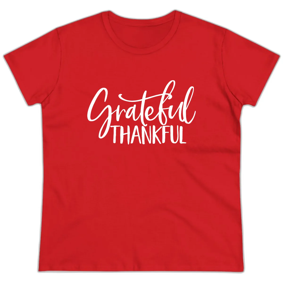 Grateful Thankful Script Typography Ladies Tee in Red