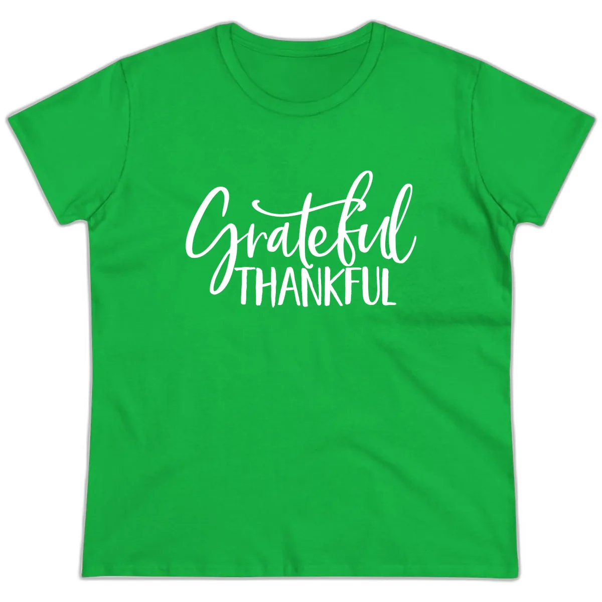 Grateful Thankful Script Typography Ladies Tee in Irish Green