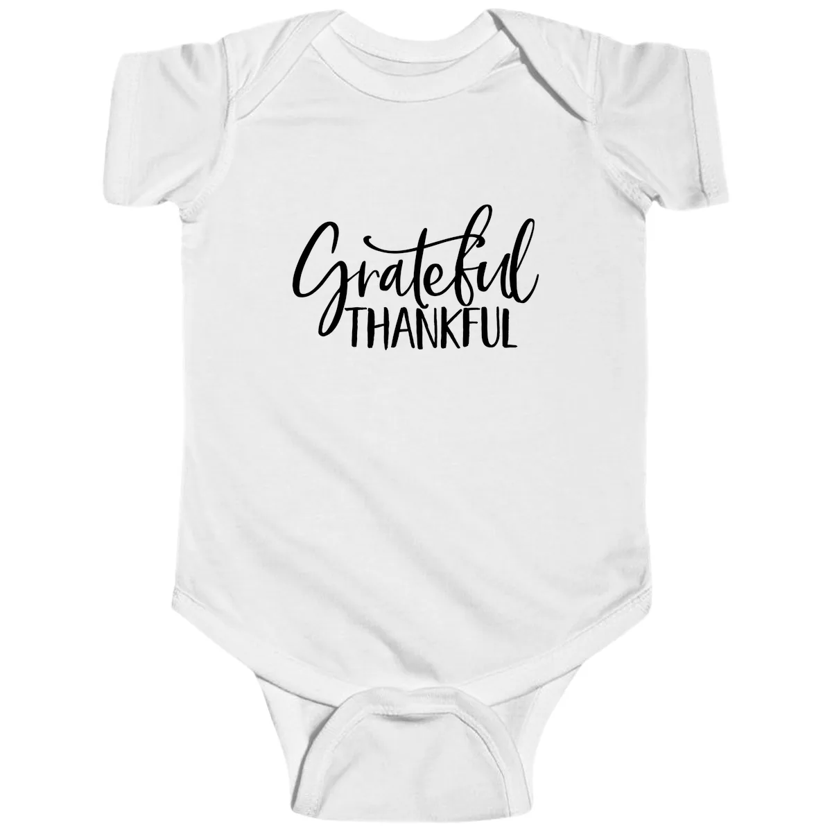 Grateful Thankful Script Typography Baby Onesie in White