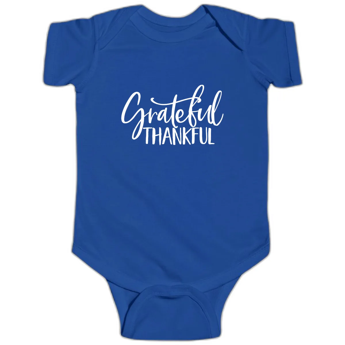 Grateful Thankful Script Typography Baby Onesie in Royal