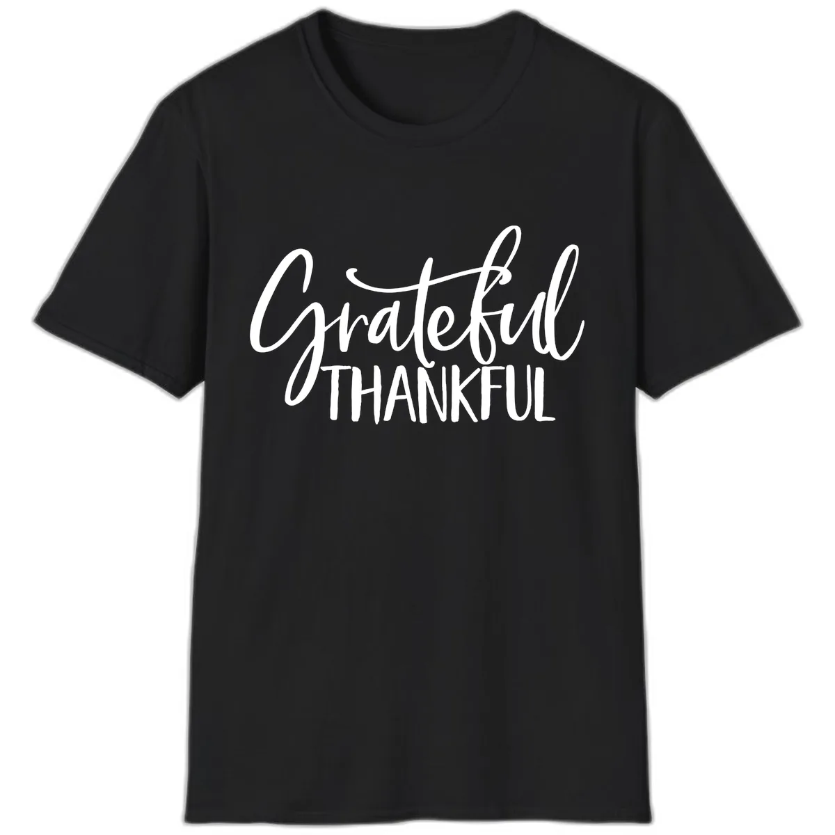 Grateful Thankful Script Typography T-Shirt in Black