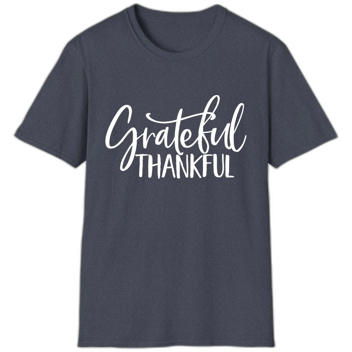 Grateful Thankful Script Typography T-Shirt in Heather Navy