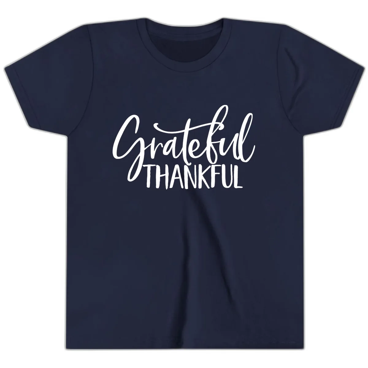Grateful Thankful Script Typography Youth T-Shirt in Navy