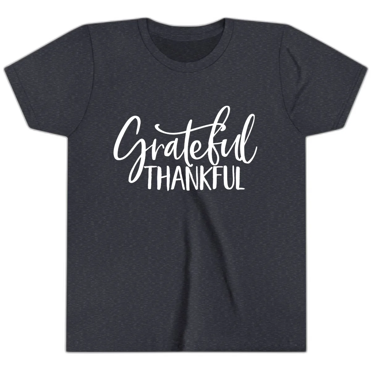 Grateful Thankful Script Typography Youth T-Shirt in Heather Navy