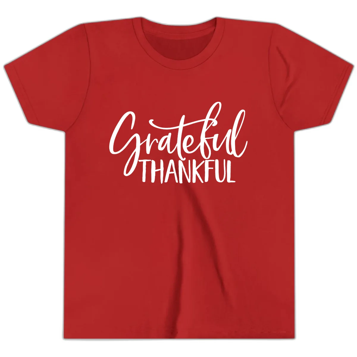 Grateful Thankful Script Typography Youth T-Shirt in Red