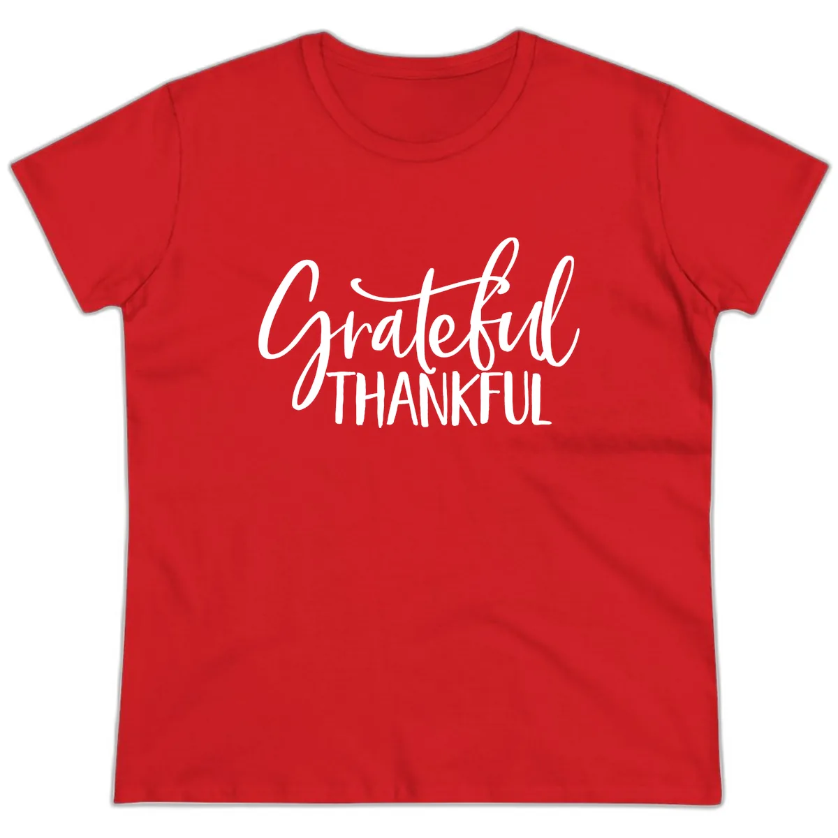 Grateful Thankful Typography Design Ladies Tee in Red