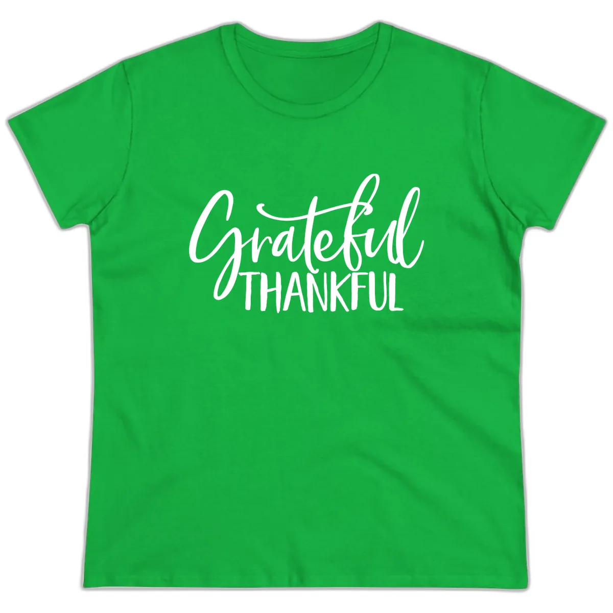 Grateful Thankful Typography Design Ladies Tee in Irish Green