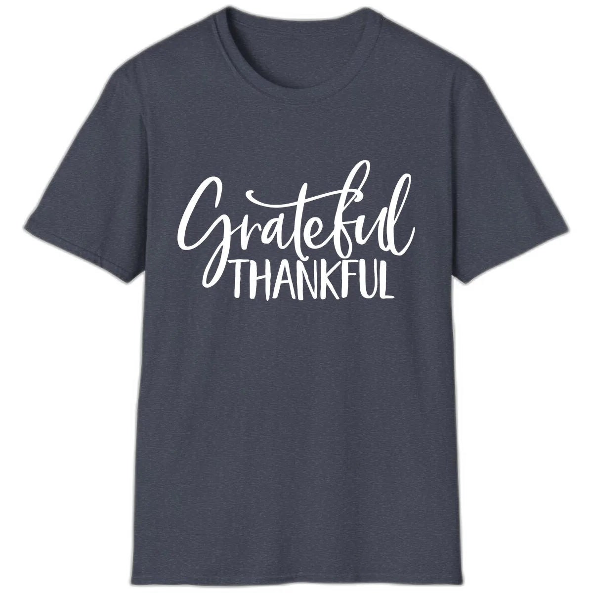 Grateful Thankful Typography Design T-Shirt in Heather Navy