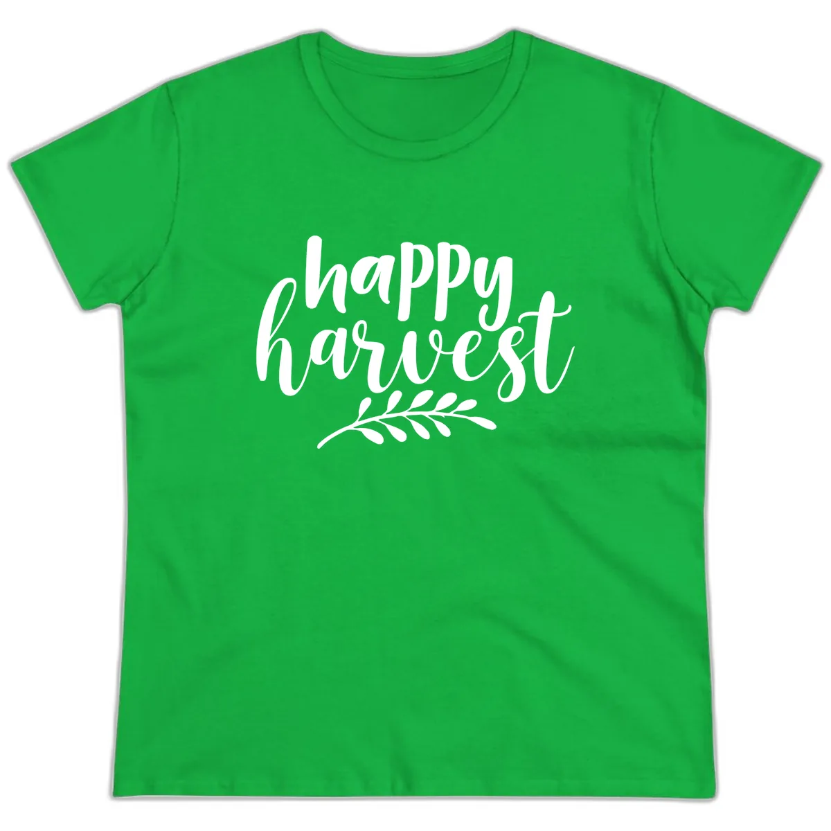 Happy Harvest Autumn Leaves Design Ladies Tee in Irish Green