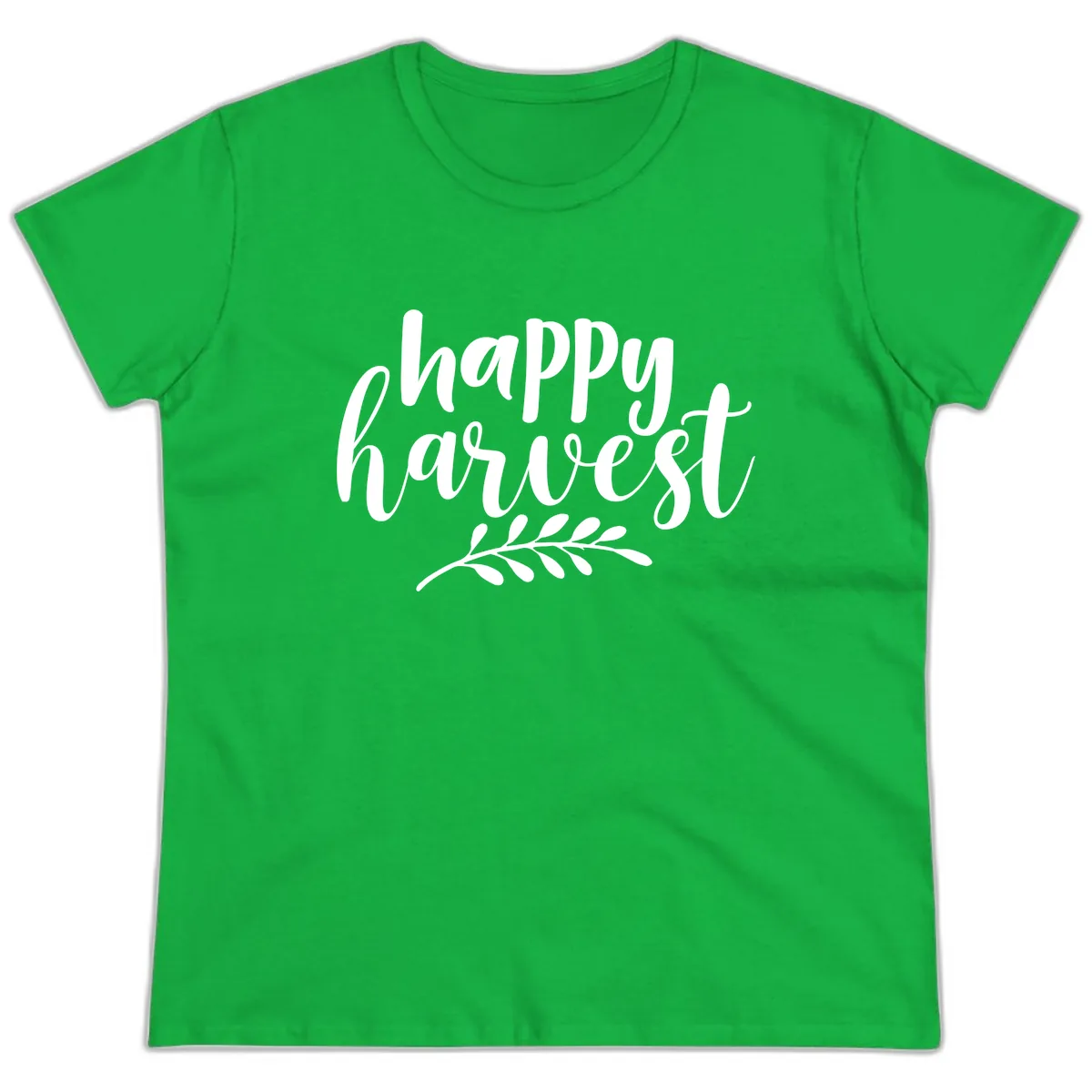 Happy Harvest Script Design Ladies Tee in Irish Green