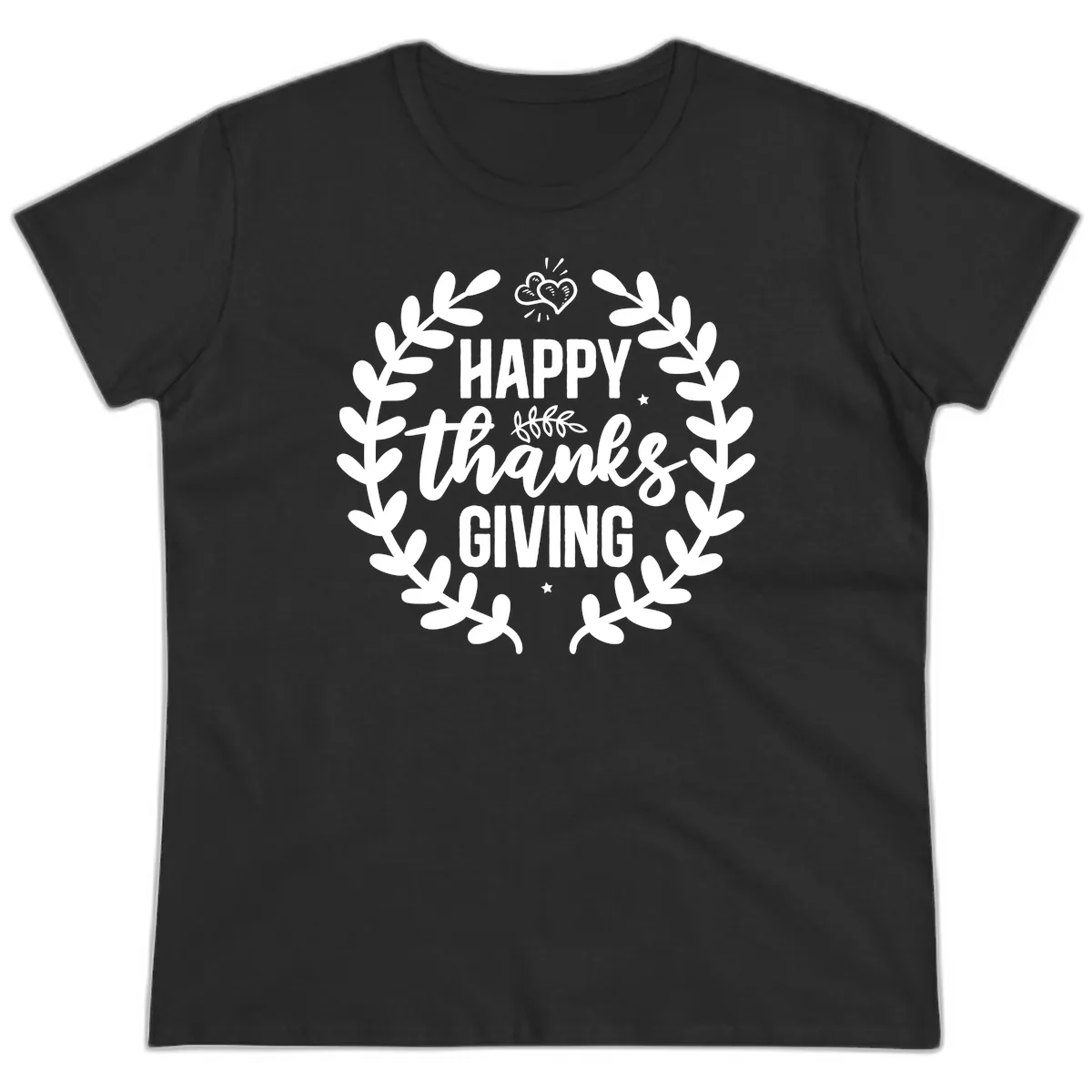 Happy Thanksgiving Laurel Wreath Ladies Tee in Black
