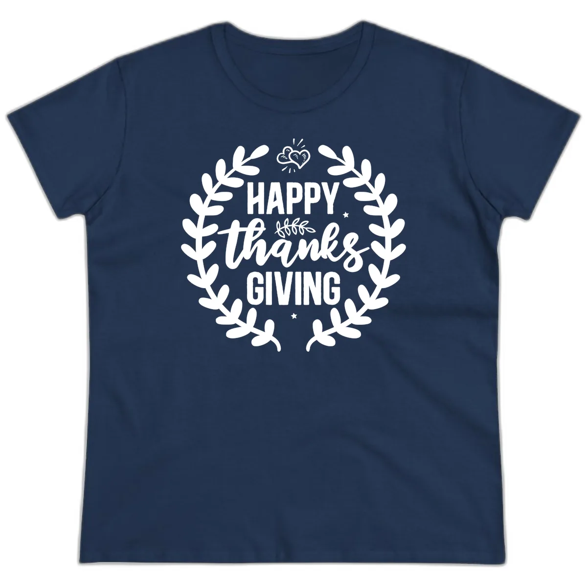 Happy Thanksgiving Laurel Wreath Ladies Tee in Navy
