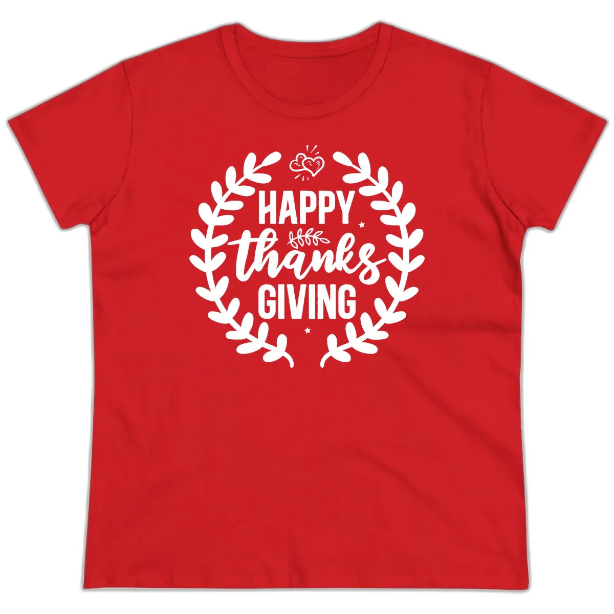 Happy Thanksgiving Laurel Wreath Ladies Tee in Red