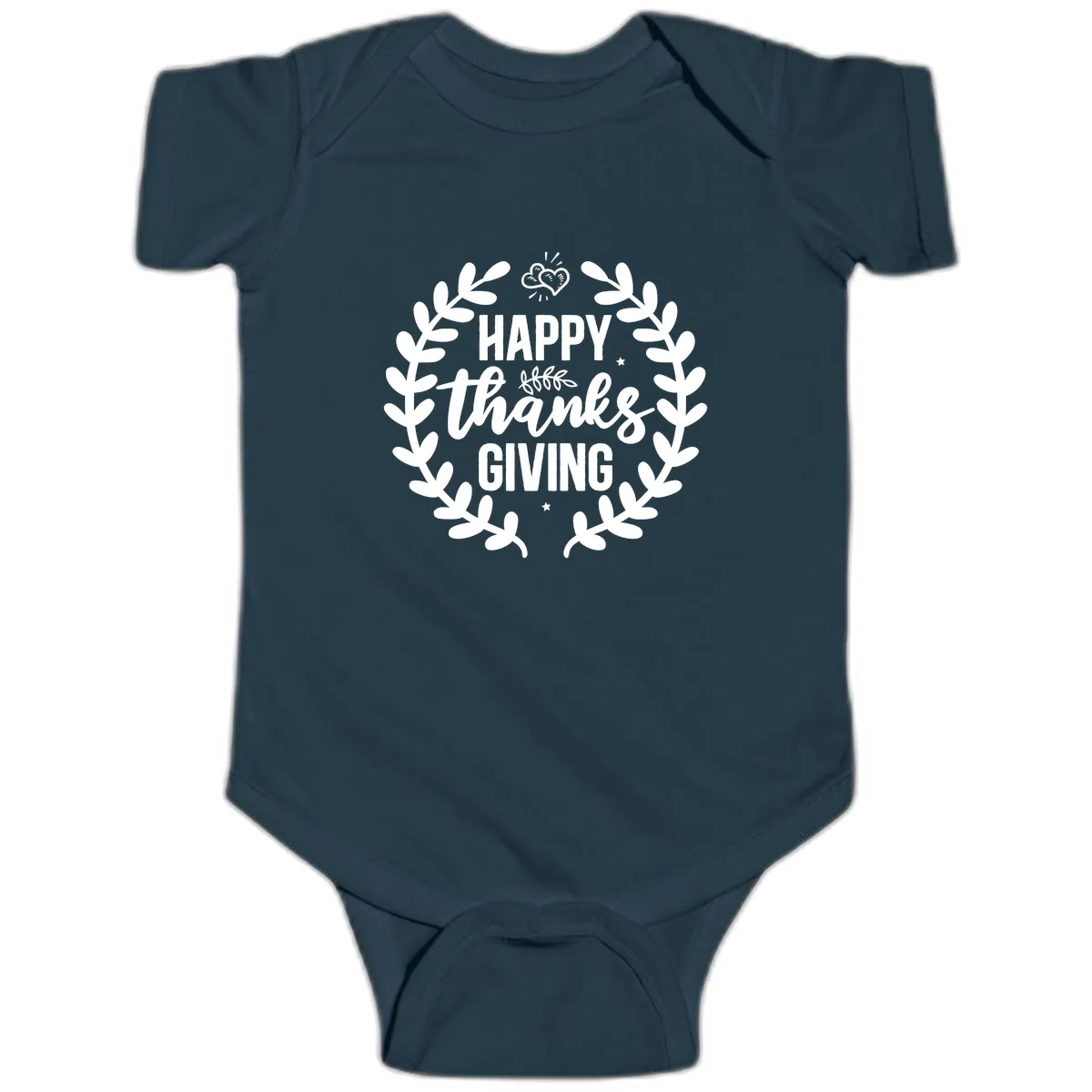 Happy Thanksgiving Laurel Wreath Baby Onesie in Navy