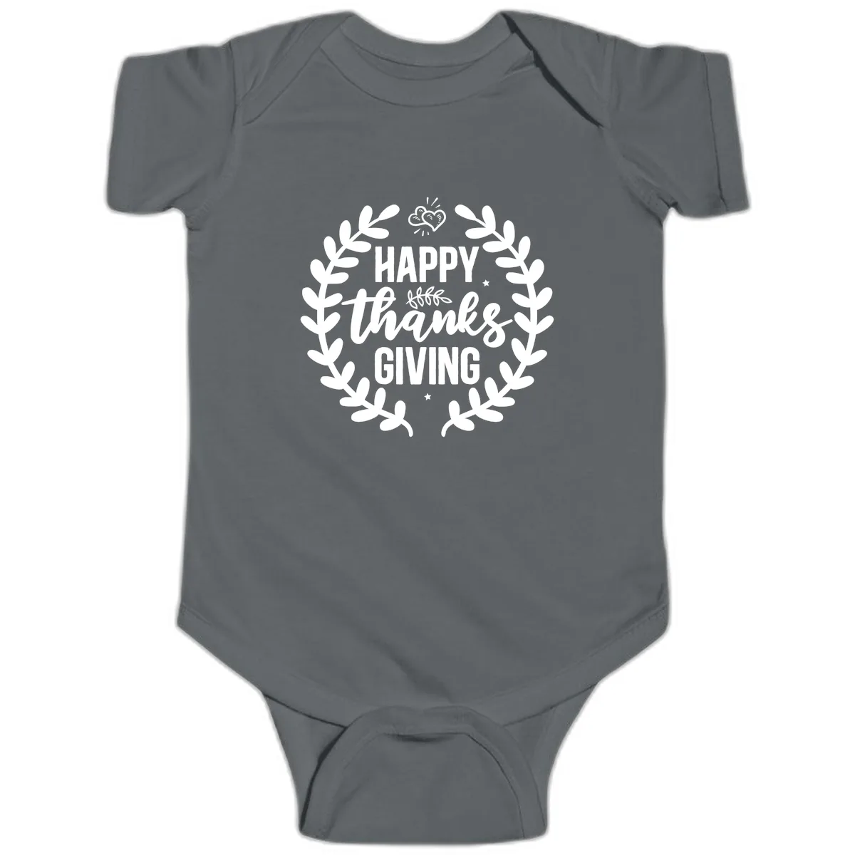 Happy Thanksgiving Laurel Wreath Baby Onesie in Charcoal