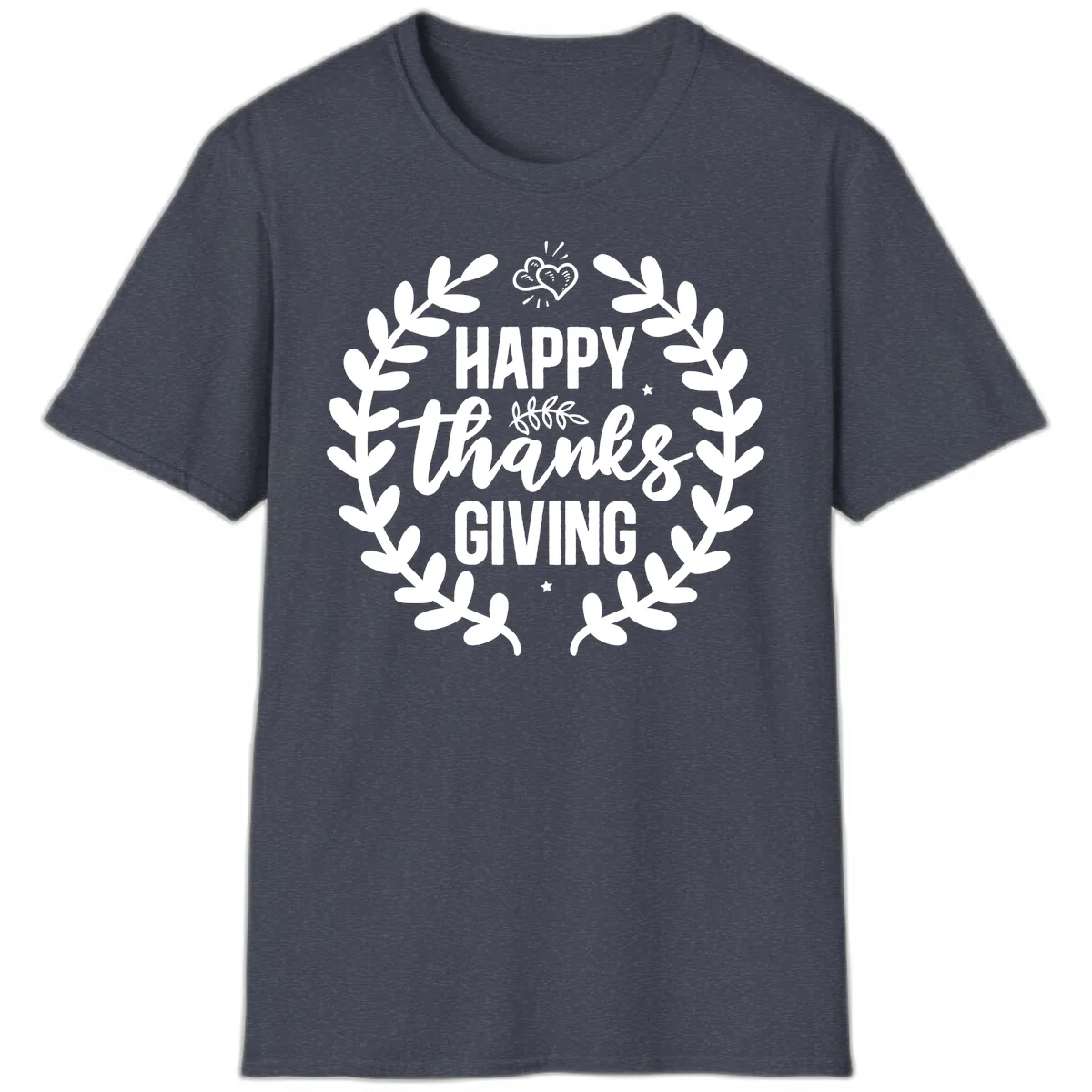 Happy Thanksgiving Laurel Wreath T-Shirt in Heather Navy