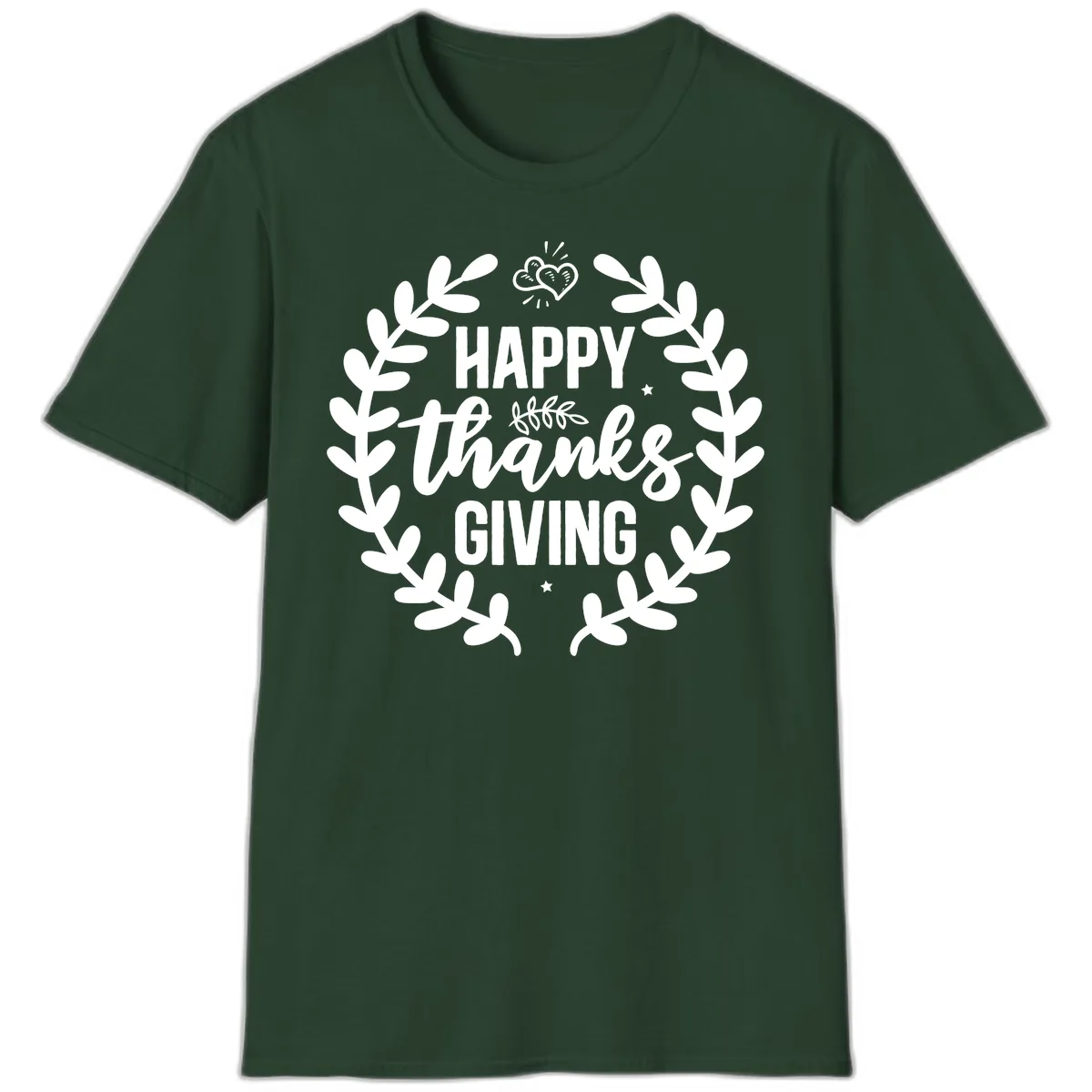Happy Thanksgiving Laurel Wreath T-Shirt in Forest Green
