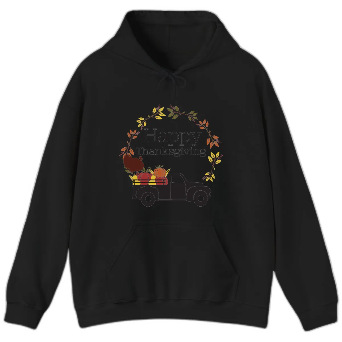Happy Thanksgiving Vintage Truck Wreath Hoodie in Black