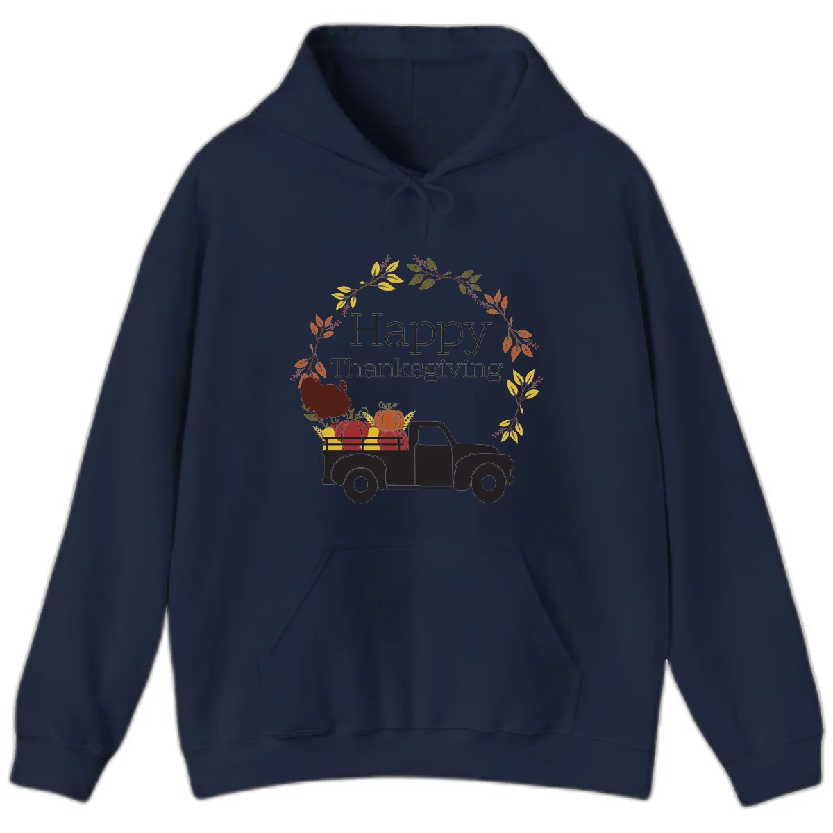 Happy Thanksgiving Vintage Truck Wreath Hoodie in Navy