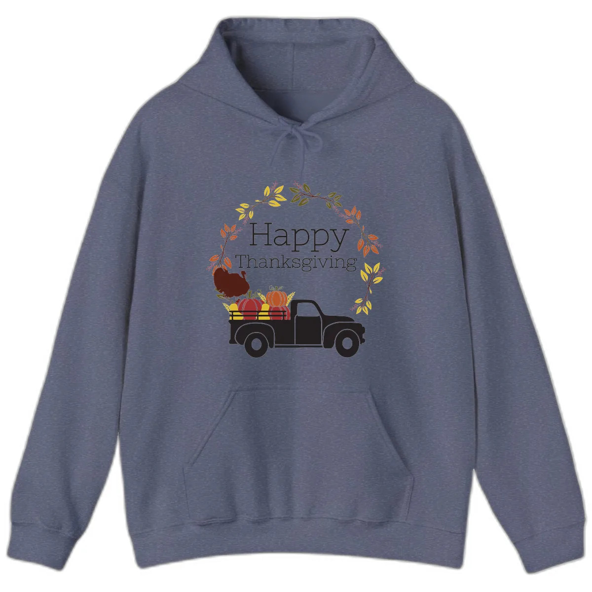 Happy Thanksgiving Vintage Truck Wreath Hoodie in Heather Navy