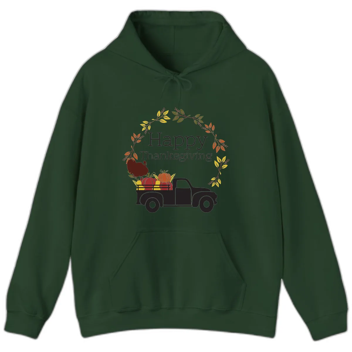 Happy Thanksgiving Vintage Truck Wreath Hoodie in Forest Green