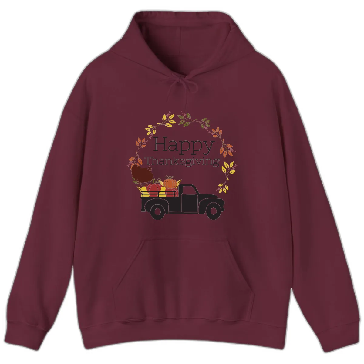 Happy Thanksgiving Vintage Truck Wreath Hoodie in Maroon