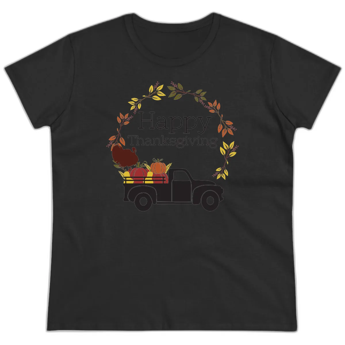 Happy Thanksgiving Vintage Truck Wreath Ladies Tee in Black