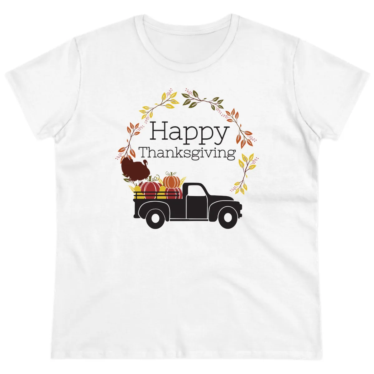 Happy Thanksgiving Vintage Truck Wreath Ladies Tee in White