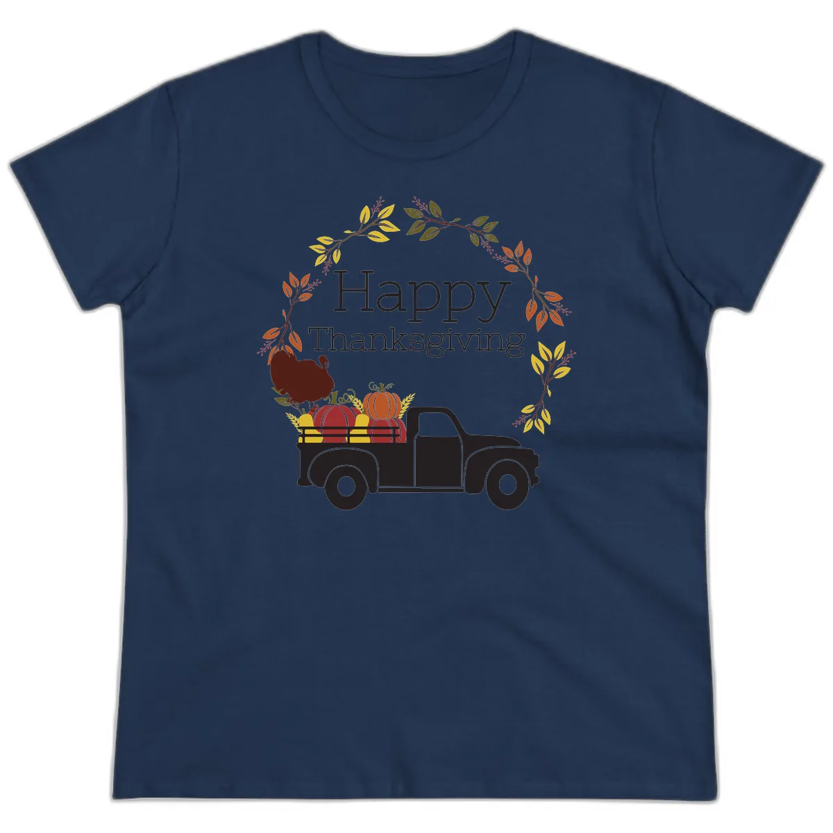 Happy Thanksgiving Vintage Truck Wreath Ladies Tee in Navy