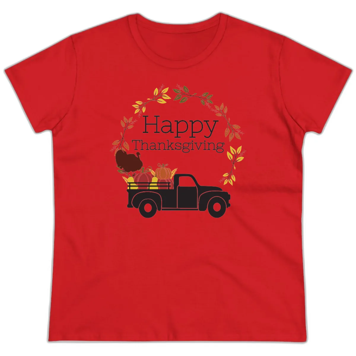 Happy Thanksgiving Vintage Truck Wreath Ladies Tee in Red