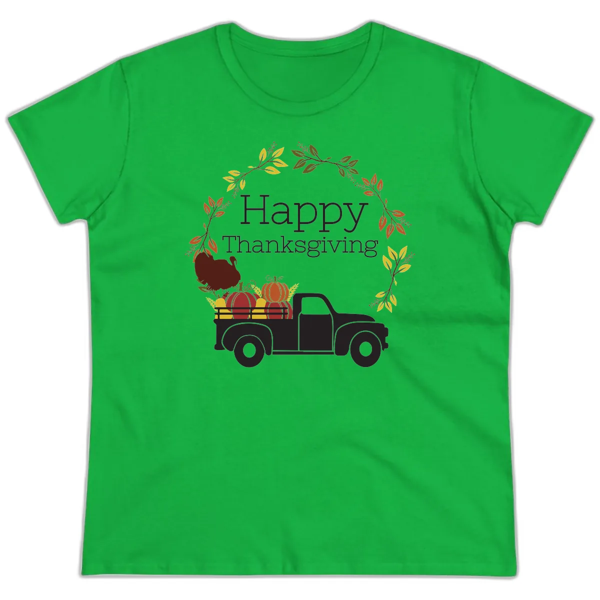 Happy Thanksgiving Vintage Truck Wreath Ladies Tee in Irish Green