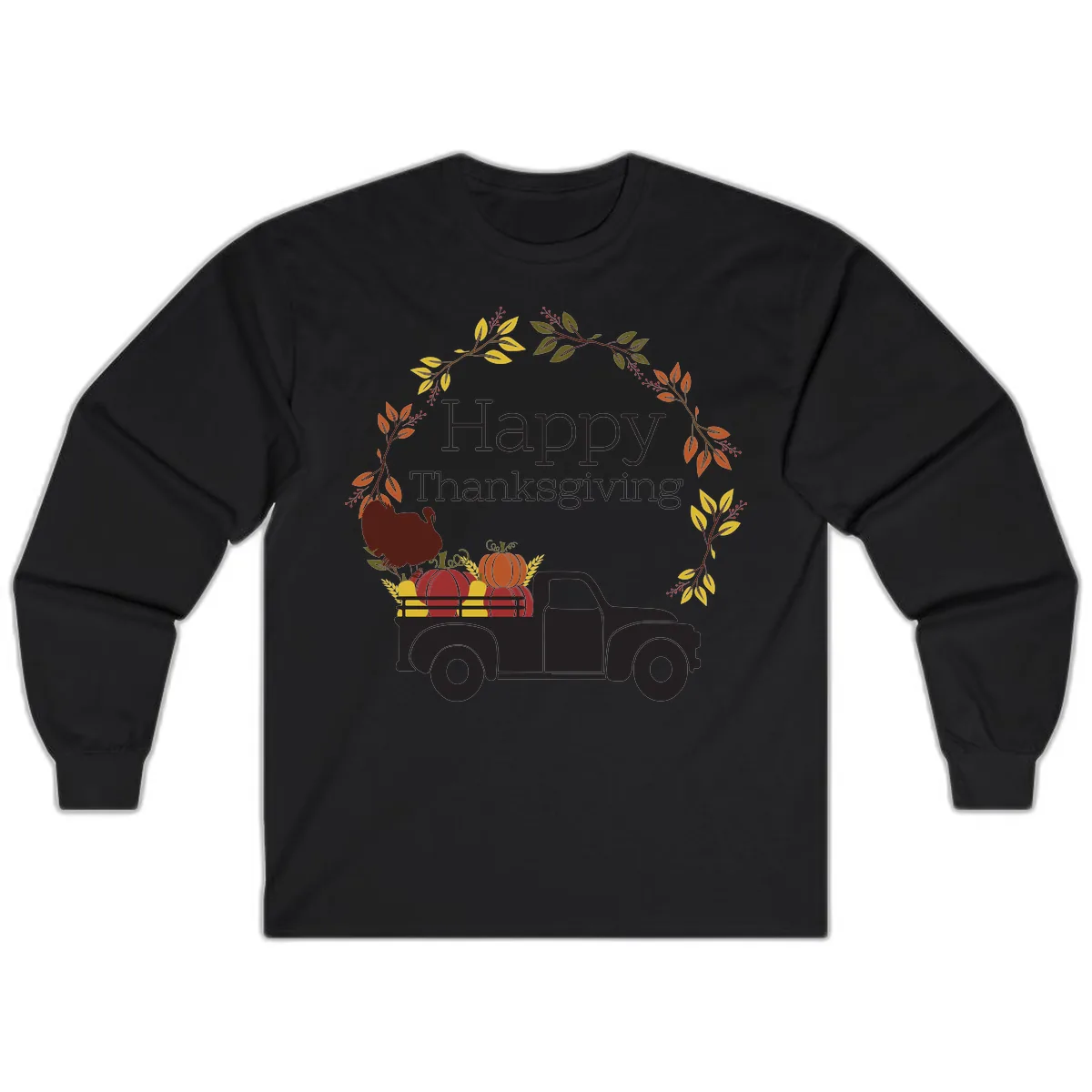 Happy Thanksgiving Vintage Truck Wreath Long Sleeve in Black