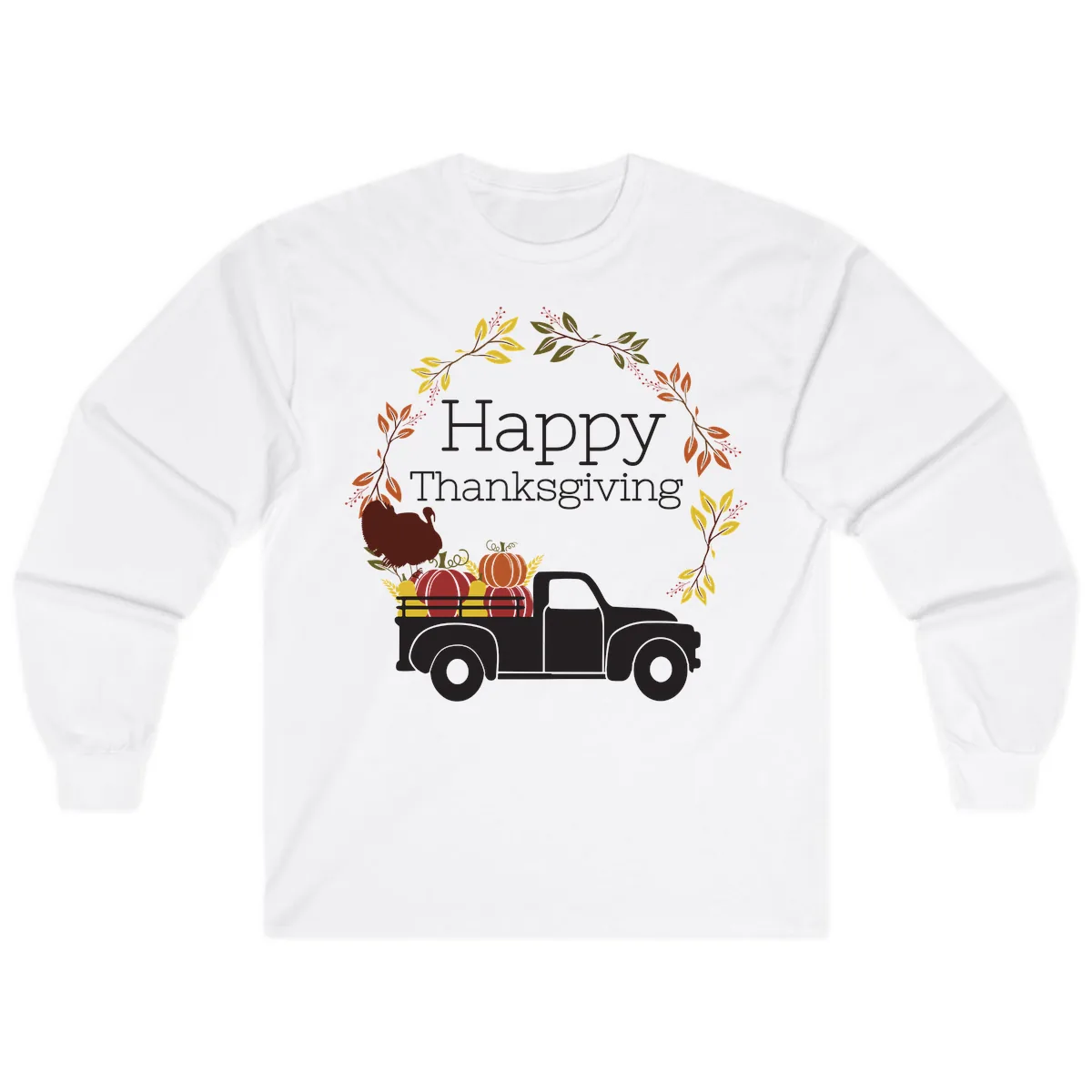 Happy Thanksgiving Vintage Truck Wreath Long Sleeve in White