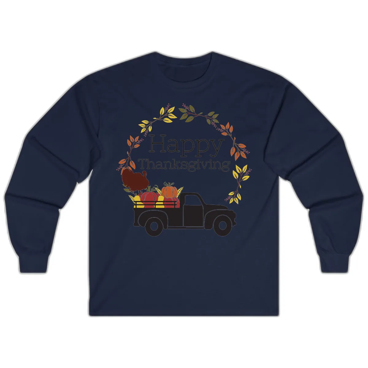 Happy Thanksgiving Vintage Truck Wreath Long Sleeve in Navy