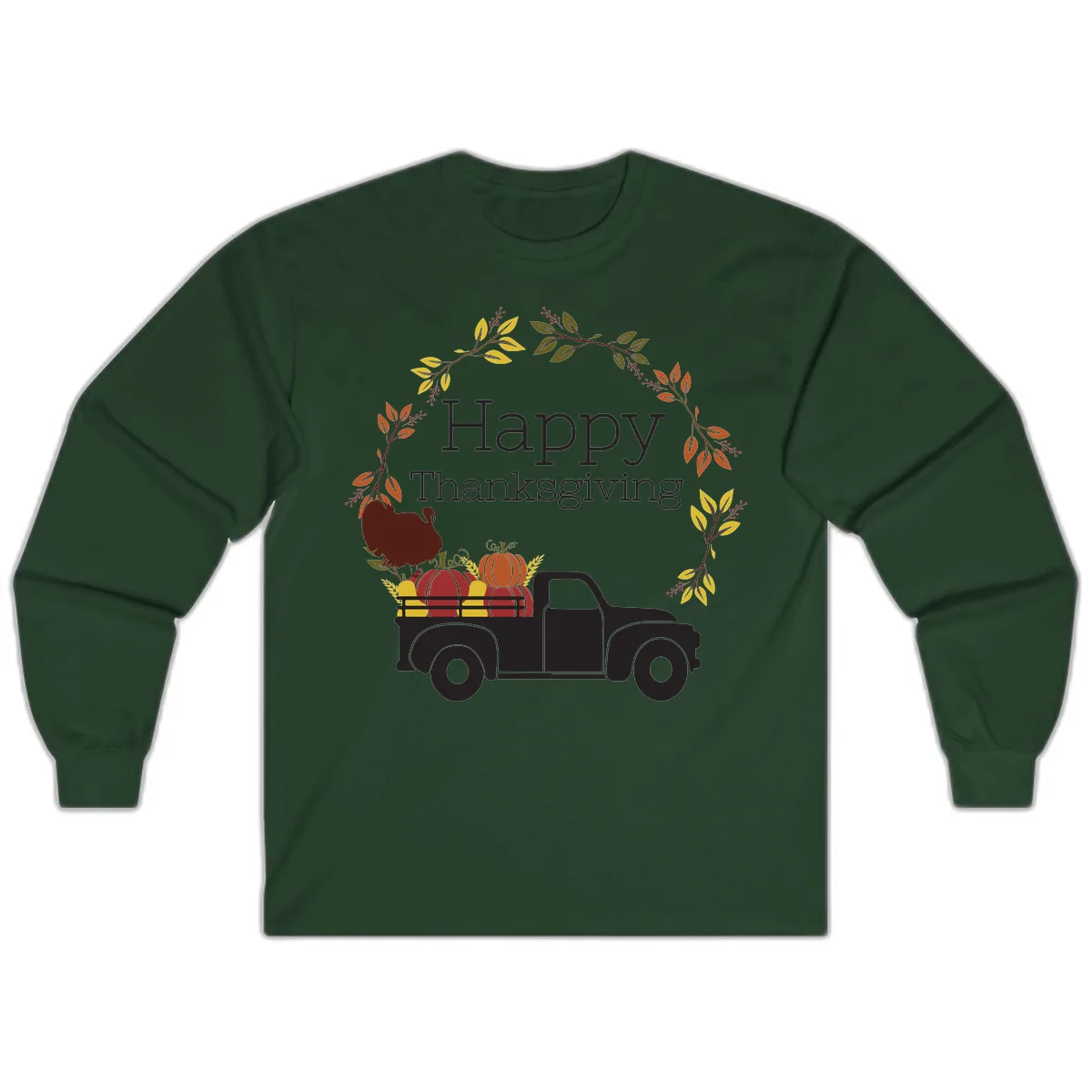Happy Thanksgiving Vintage Truck Wreath Long Sleeve in Forest Green