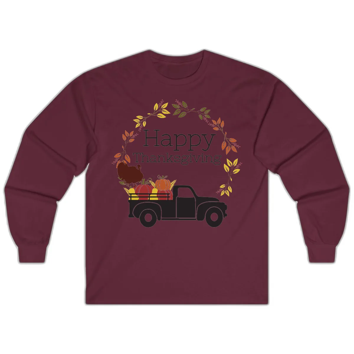 Happy Thanksgiving Vintage Truck Wreath Long Sleeve in Maroon